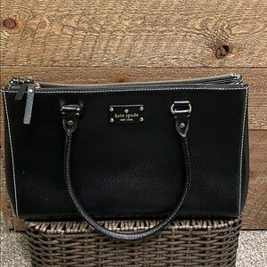 Kate Spade Leather Tote Handbag Purse Black with Pink Polka Dot Interior Lining